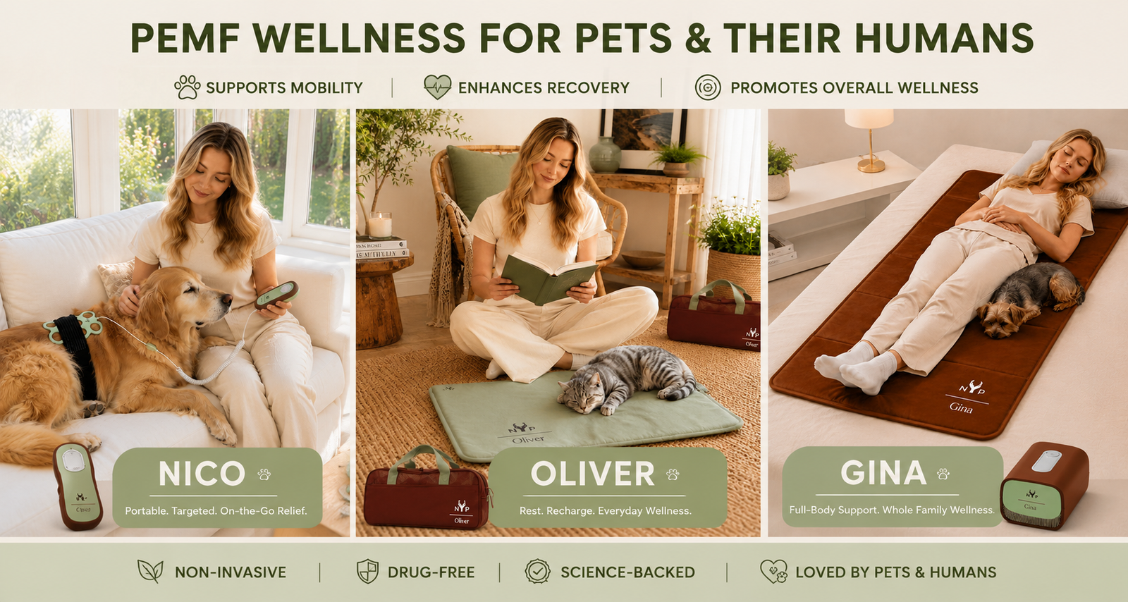 Advertisement for PEMF wellness products for pets and humans with images of a woman and her dog using the products.