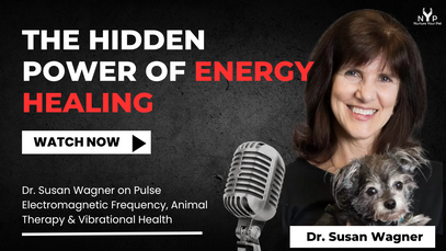 Promotional image for Dr. Susan Wagner's talk on energy healing with a microphone and dog.