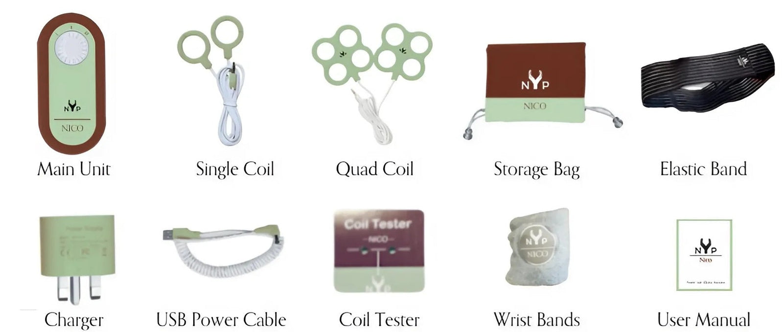 NYP Nico package contents: Main Unit, Single Coil, Quad Coil, Storage Bag, Elastic Band, Charger, USB Power Cable, Coil Tester, Wrist Bands, and User Manual