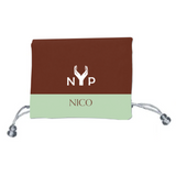 NYP Nico PEMF Device carrying pouch; brown and mint green fabric drawstring bag