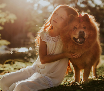 Young girl with long red hair hugs her fluffy Chow Chow dog in a sunny park.