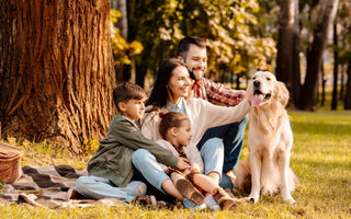Happy family with kids and Golden Retriever dog enjoying a picnic in the park.