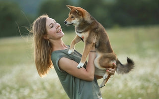 Happy woman holding her Shiba Inu puppy in a field