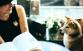 Woman reading book at cafe with Shiba Inu dog