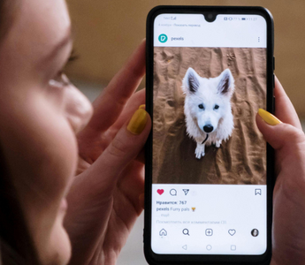 Woman viewing cute white puppy photo on her phone.