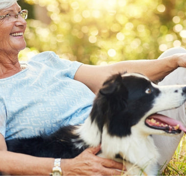 Happy senior woman relaxing outdoors with her border collie dog.