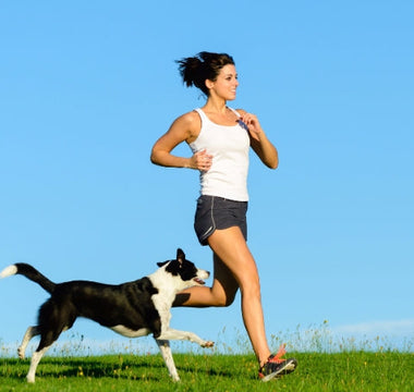 Woman jogging with her border collie dog outdoors on a sunny day.