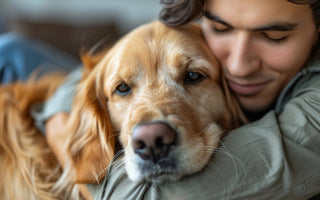 Man cuddling golden retriever dog