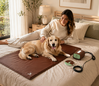 Dog relaxing on a brown PEMF mat on a bed with a woman nearby.