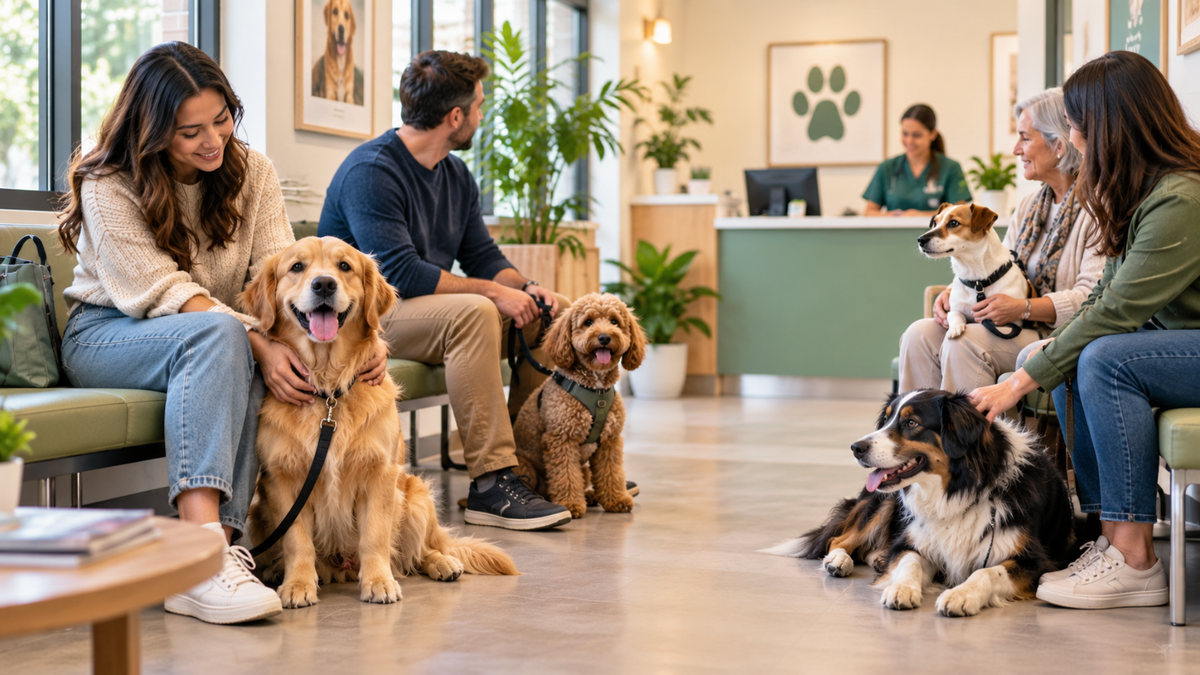 Dog owners and their dogs waiting in a bright veterinary clinic lobby