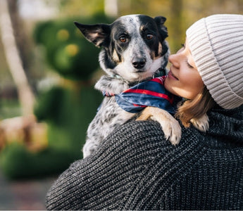Woman in a warm hat cuddling her adorable blue heeler dog outdoors.