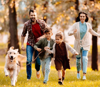 Happy family with kids and dog running in autumn park