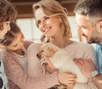 Happy family with two children cuddling a golden retriever puppy.