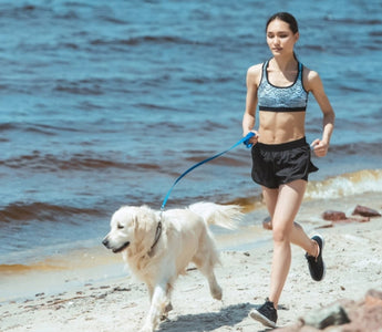 Woman jogging on beach with Golden Retriever