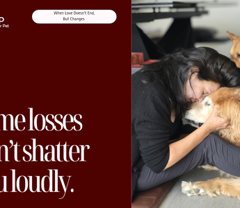 Woman comforting a golden retriever and a smaller dog, with text about love and loss.
