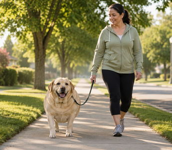 Overweight dog walks comfortably on a leash with its owner on a sunny suburban street.
