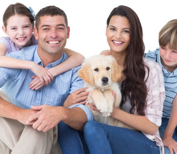 Happy family with two children and a golden retriever puppy