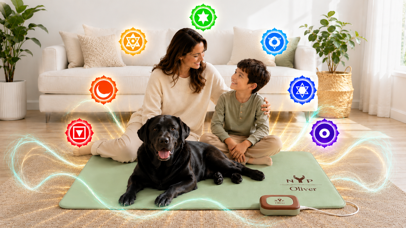 Woman and child sitting with black Labrador Oliver on NYP PEMF therapy mat surrounded by colorful chakra energy symbols in cozy living room