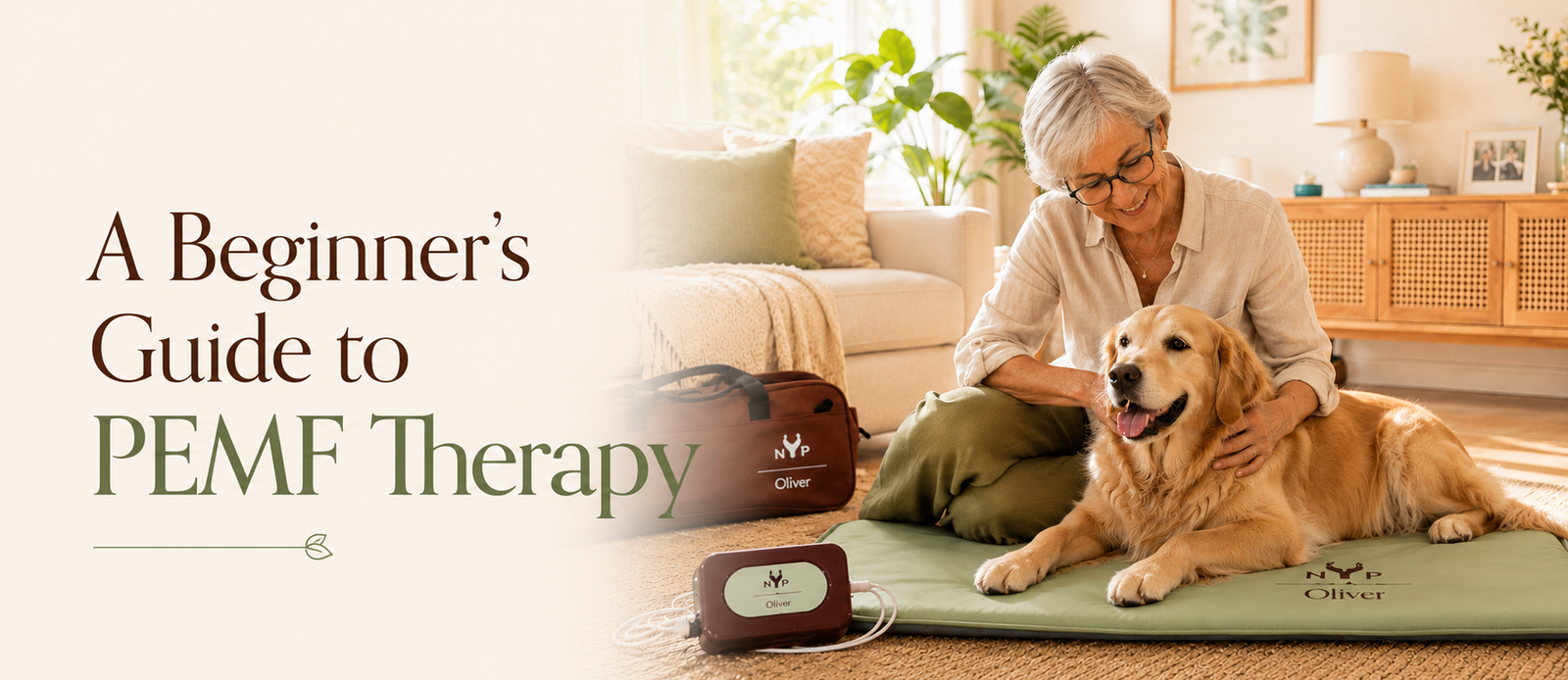 Woman with a dog on a PEMF therapy mat in a living room setting