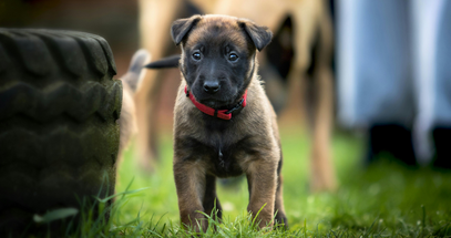 Puppy with a red collar standing on grass next to a tire
