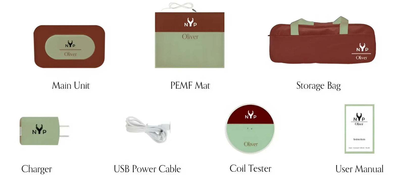 NYP Oliver package contents: Main Unit, PEMF Mat, Storage Bag, Charger, USB Power Cable, Coil Tester, and User Manual on white background