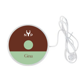 NYP Gina PEMF Device: Brown and green personal PEMF therapy device with cord and earbuds.