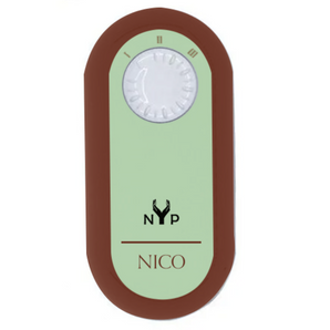 NYP Nico PEMF Device: Brown and mint green PEMF device with a timer dial. 
