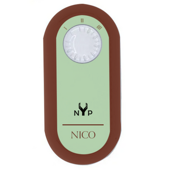NYP Nico PEMF Device: Brown and mint green PEMF device with a timer dial. 